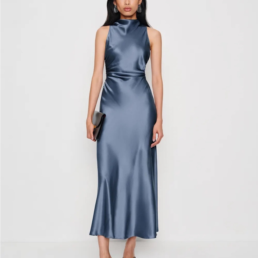 Reformation Casette Silk Dress Satin High-Neck Slip Maxi Dress in cornflower